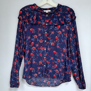 Esprit Size 6 US Blue Floral Button Front Top Ruffled Yoke Romantic Cottagecore